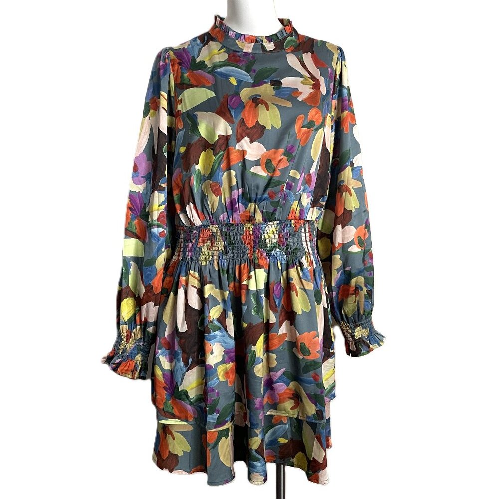 THML Dress XL Smocked Waist Abstract Floral Layered Tiered Flowy Ruffle Colorful